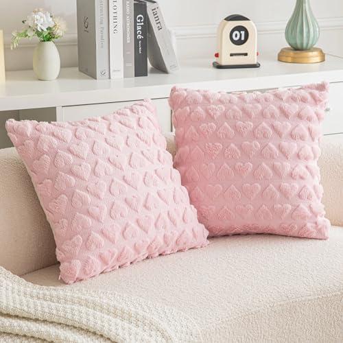 AQOTHES Set of 2 Heart Love Cute Pink Decorative Valentines Throw Pillow Covers 24x24, Soft Plush Faux Fur Pillow Covers for Couch Sofa Home Valentines Day Decoration