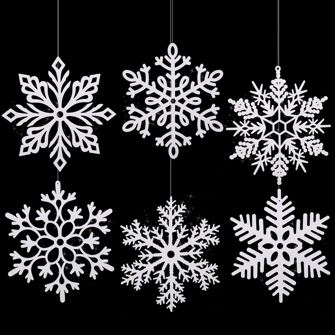 Sratte 6 Pcs 16 Inch Large Snowflake Ornaments,Giant Glitter Decorative Hanging Snowflakes,6 Designs Christmas Decorative Hanging Ornaments,Winter Window Decor with Nylon Thread (White)