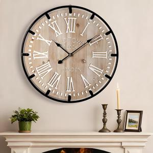 Vantic Farmhouse 30 Inch Extra Large Decorative Wall Clock with Metal Circle, Oversized Wood Wall Clock with Large Roman Numeral for Living Room, Bedrooms and Offices, Silent and Battery Operated (Light Ivory)