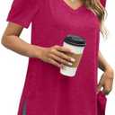 JomeDesign Summer Tops for Women Short Sleeve V Neck Shirts Side Split Loose Casual Tunic Tops size M