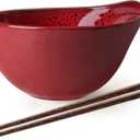Artena Ramen Bowl with Chopsticks, 42oz Ceramic Noodle Bowl, Large Soup Bowl, Pasta Bowl Set, Big Salad Bowl, Deep Pho Bowl for Dumplings, Cereal, Rice, Dishwasher Microwave Safe, Gourd Design, Red