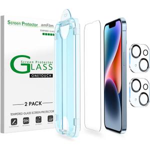 amFilm Tempered Glass Screen Protector + Camera Lens Protector for iPhone 14 6.1, Easy OneTouch Installation, Auto-alignment, Bubble Free Case Friendly, Anti-Scratch (Pack of 2)
