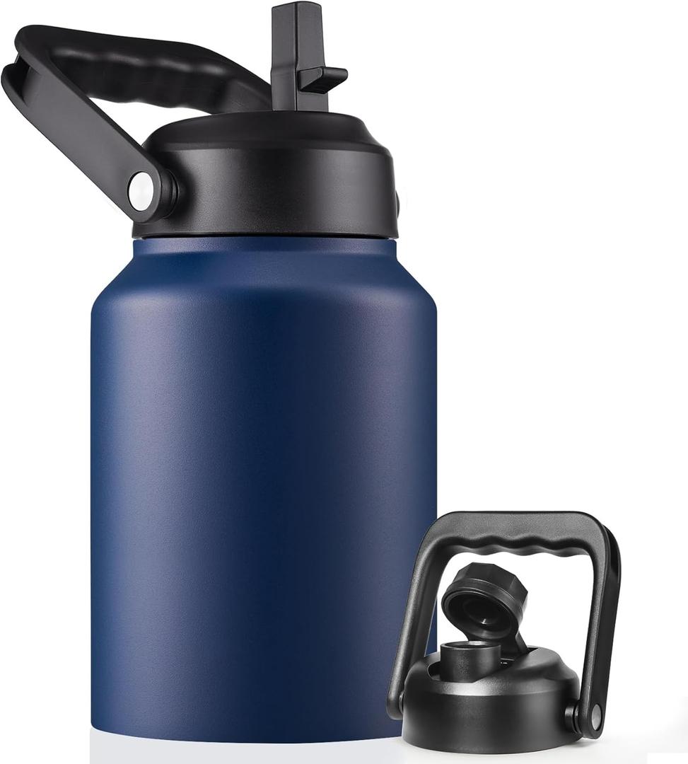 Half Gallon Insulated Water Bottle Jug with Straw, 64 oz Large Stainless Steel Sports Metal Water Flask with Handle, Thermal Water Cup Mug with 2 Lids, Navy Blue