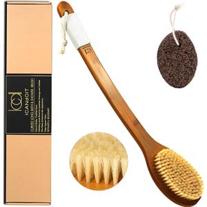 ICANdOIT-17.71Inch Natural Boar Bristles Anti-Slip Long Handle Bath Brush,Bent Handle Shower Scrubber for Exfoliating,Shower Back Brush,Exfoliation Set with Pumice Stone (1 Pack)