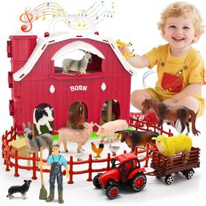 Red Barn Toys for Toddlers 1-3, Farm Animal Figures Playset with Tractor for 2 3 4 5 Year Old Kids, Musical Preschool Montessori STEM Learning Toys, Easter Christmas Birthday Gifts for Boys Girls