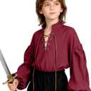 L'VOW Medieval Boys Shirt Renaissance Kids Lace-up Pirate Shirts Retro Viking Colonial Costume Top (12-14 Years, Red)