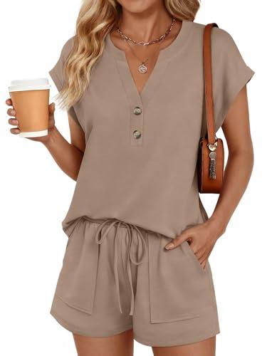 LILLUSORY Womens 2 Piece Summer Short Sets 2026 Vacation Spring Beach Matching Airport Travel Outfits Lounge Wear Sweat Suits Dark Khaki 2XL
