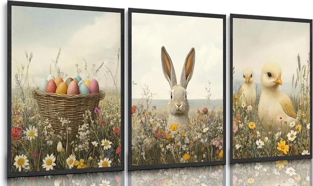 3pcs Vintage Bunny Canvas Wall Art Spring Easter Watercolor Floral Rabbit Eggs Chick Canvas Paintings Posters for Living Room Bedroom Kids Room Baby Room Decor Unframed (12x16)