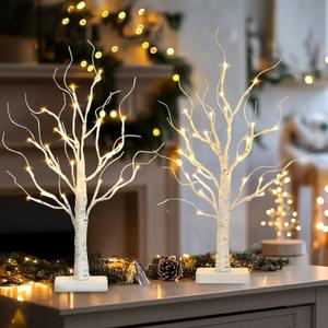 PABIPABI Lighted Birch Tree, 2 Pack Christmas Tree with 24 LED, Tabletop Centerpiece Artificial Tree Lights Battery Powered Timer for Home Office Bedroom Wedding