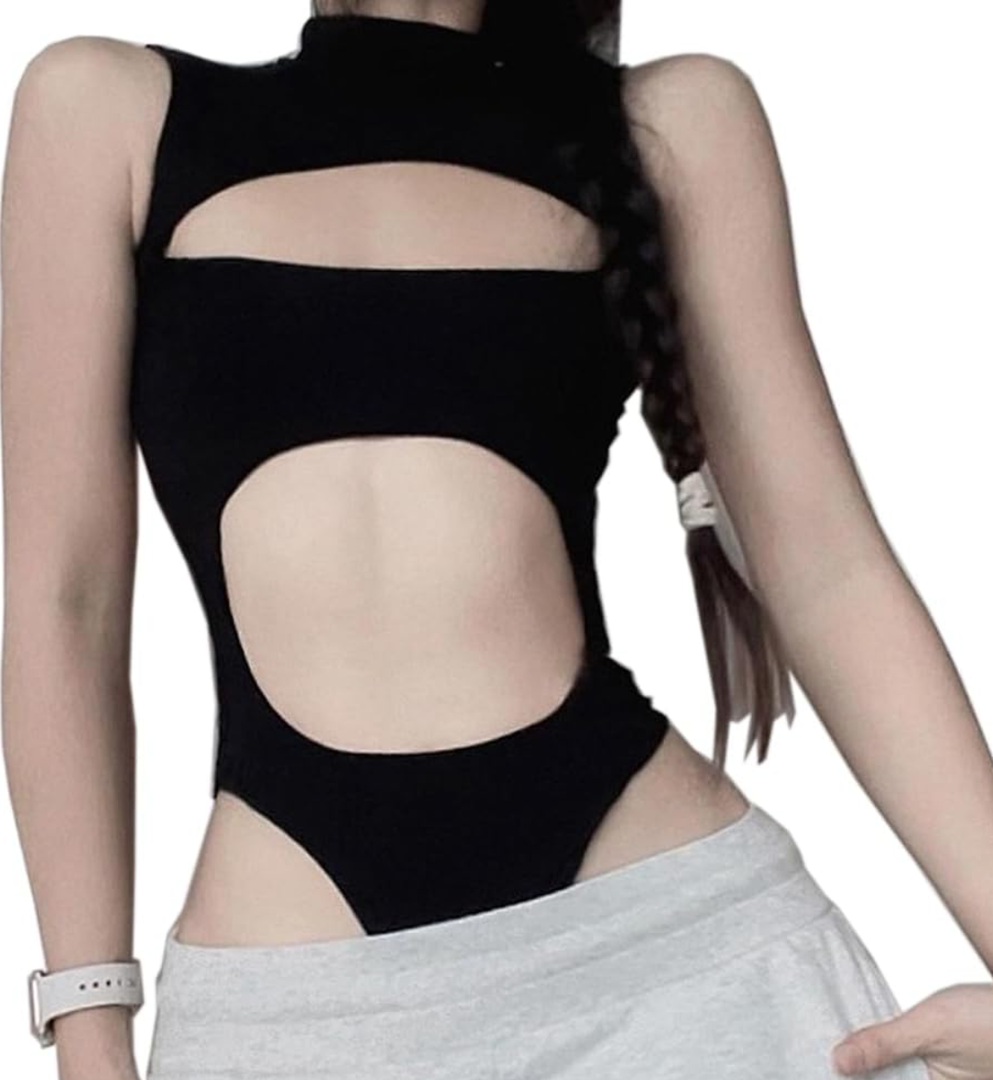 SINROYEE Women's Bodysuit Tops Sexy Hollow Out Summer Streetwear Outfit Gothic Jumpsuit T Shirt Short Sleeve Sleeveless ,Size L
