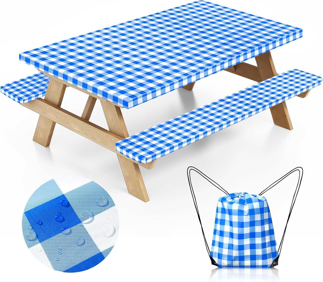 Picnic Table Cover with Bench Covers and Bag, Camping Table Camping Essentials Cover with Elastic Edges (Blue)