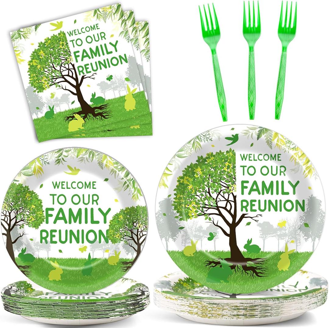 100Pcs Family Reunion Party Decorations Family Tree Reunion Plates Napkins Green Tree Welcome to Our Family Reunion Tableware Set Spring Family Reunion Party Supplies for Family Gathering 25 Guests