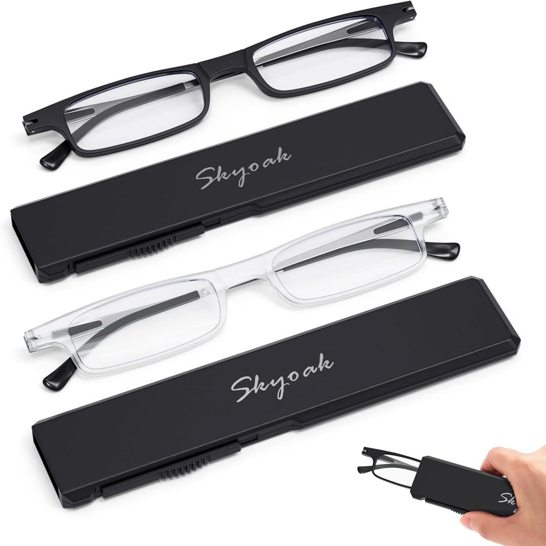 2 Pack Ultra thin Lightweight Folding Reading Glasses Women Men TR90 Blue Light Blocking Anti UV Foldable Compact Computer Readers Portable Unique Stretchable Slim Flat Case Black/Clear +1.75