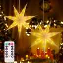 2 Pack 26.8 Inch Paper Star Lantern Christmas Decor with Timer, 3D 8 Modes 7-Pointed Star Diwali Hanging Paper Lights, Christmas Decorations Lamp Indoor for Birthday Wedding Party (White)