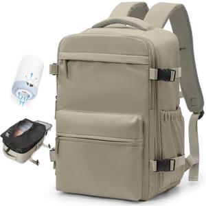 BOXSAM Vacuum Travel Backpack with Pump for Women, Personal Item Carry on Vacpack Backpacks Flight Approved 18x14x8 inches for Men,Laptop Waterproof Work Compression bags Casual Daypack GreyBrown