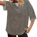 SENSERISE Striped Shirt Women Cute Short Sleeve Tops Casual Crewneck Summer Tops Oversized Tshirts Loungewear(Heather Brown, S)