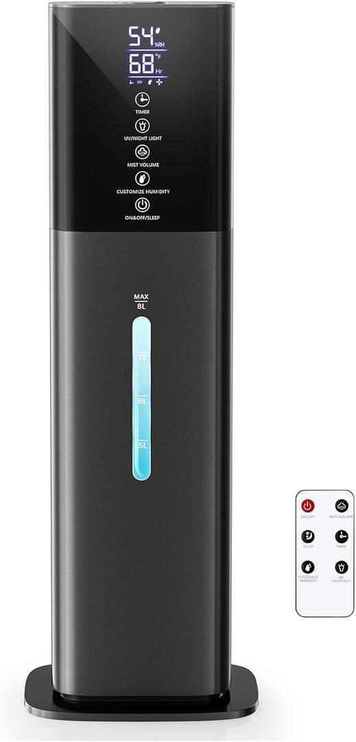 Humidifiers Large Room Bedroom with 7 Colors Light, 2.1Gal(8L) 3 Speed Quiet Ultrasonic Cool Mist Humidifier with 360 Nozzle, Humidity Setting, Timer,Aroma Box for Home Plant Baby Yoga Sleep (Gray)