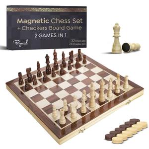 Wooden Magnetic Chess Set & Checkers Board Game, 15 Foldable Chess Board | Solid Wood 2-in-1 Board Game for Adults with Storage Box, 2 Extra Queens, Portable Travel Chess Set for Kids & Beginners