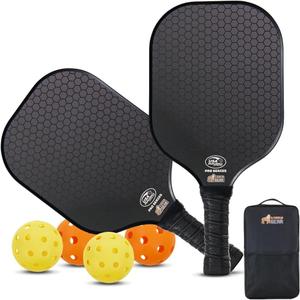 Gorilla Gear USAPA Approved Pickleball Starter Set, Fiberglass Paddles with Bag and Balls, Indoor Outdoor Court Use, Comfortable Racket Grip, Oversized Sweet Spot Pickle Ball Paddle for Men, Women (Black)
