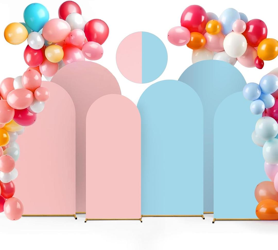 Arch Backdrop Cover, Set of 3 Double Color Wedding Arch Cover Spandex Fitted (7.2ft+6.6ft+6ft),Round Top Chiara Arch Backdrop Cover for Wedding Birthday Party Decoration (Pink + Light Blue)
