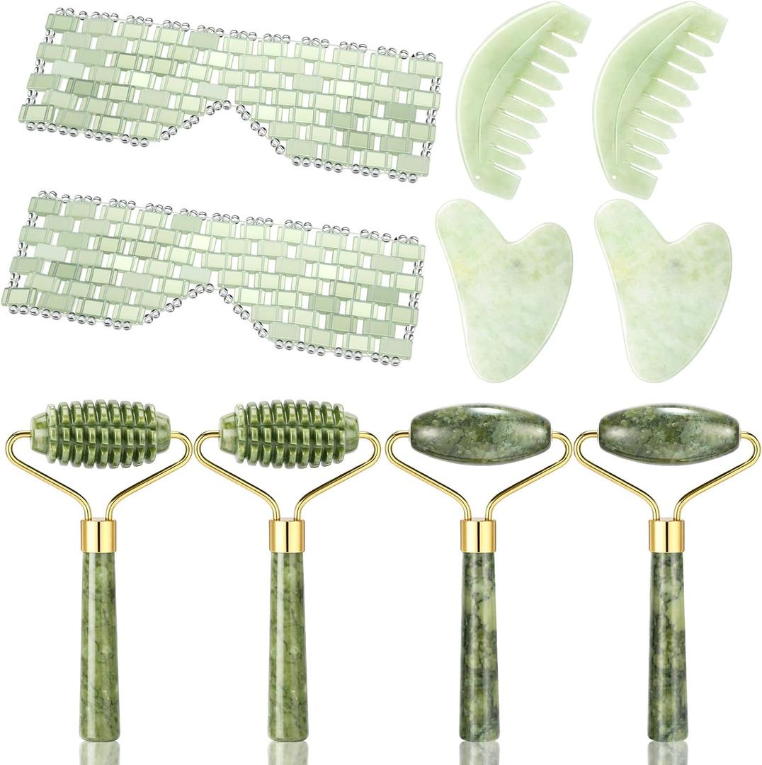 Sliner 10 Pcs Gua Sha Facial Tools Set Jade Eye Mask Scalp Hair Comb Spiked Roller Jade Stone Eye Mask Gua Sha Board White Facial Cooling Set for Spa Relax Alleviate Puffiness Esthetician Supplies
