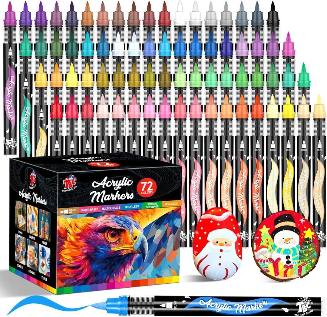 TBC The Best Crafts Acrylic Paint Markers, 72 Colors Water-Based Paint Pens for Art and Craft Projects, Multi-Surface Use on Fabric, Glass, Wood, Stone, Metal, Ceramic, Canvas, Rock
