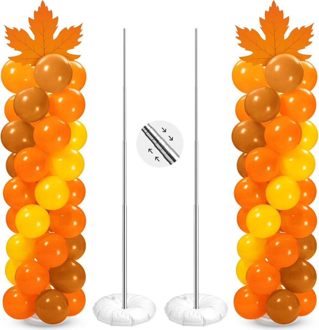 2 Sets of Thanksgiving Fall Balloon Column Stand Kit with Pumpkin Maple Leaf Cardstock Yellow Orange Cocoa Latex Balloons 6.6 ft Adjustable Stands for Autumn Party Decoration(Maple Leaf)