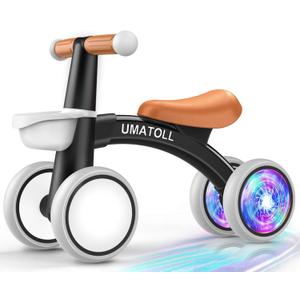 Umatoll Colorful Lighting Baby Balance Bike Toys for 1 Year Old Boys Gifts, Adjustable Seat Baby Walker, One Year Old Boy Birthday Gifts, 12-24 Months Toddler First Ride on Toys with Removable Basket (Black)
