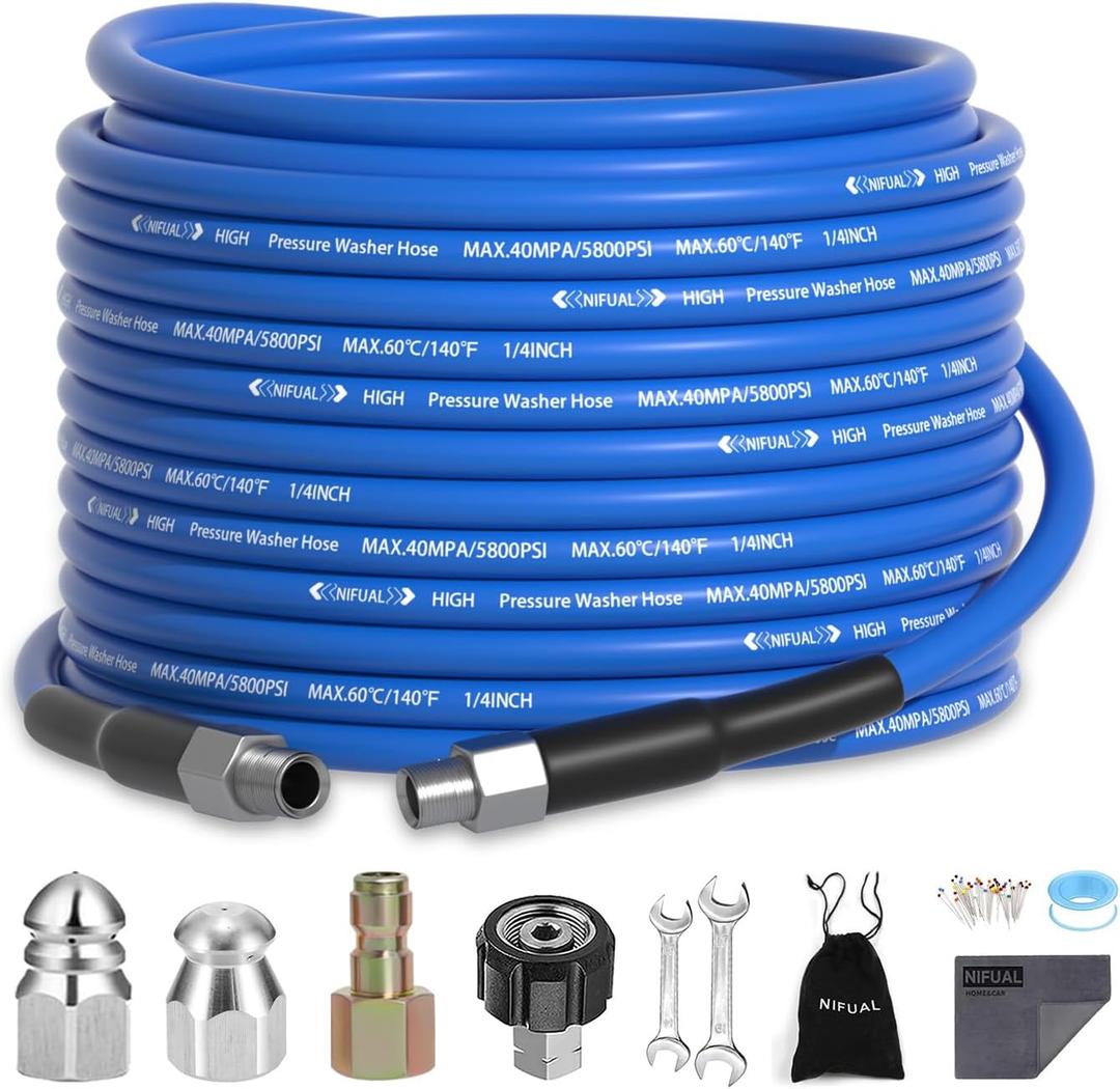 NIFUAL Sewer Jetter Kit 25FT for Pressure Washer,5800PSI Drain Cleaner Hose for 1/4 Inch NPT Corner Rotating and Button Nose, Sewer Jetting Nozzle Pearl Corsage Pin Waterproof Tape with 2 Spanner