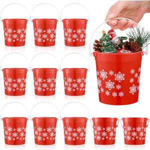 12 Pcs Christmas Plastic Buckets with Handle 4.69 x 3.78 x 4.8 Inch Christmas Snowflake Buckets Small Red Candy Pails Gifts Toy Baskets for Winter Holiday Party Decorations