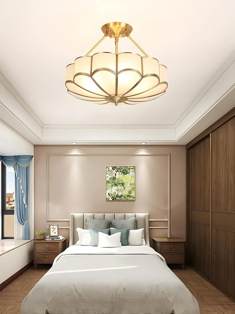 MIXL- Mid Century Brass Semi Flush Mount Ceiling Light,6-Light LED Brass and Glass Ceiling Chandelier,Frosted Glass Shade Modern Light,Close to Ceiling Light Decorative for Bedroom Living Room (23.6 inches)
