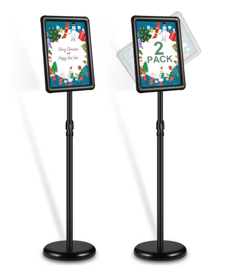 Sign Stand, 2 Pack Adjustable Sign Holder Stand with Base, 8.5 x 11 Inch Vertical and Horizontal View Sign Displayed, Snap Open Frame for School Store Business Advertise Show Christmas Decor, Black