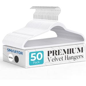 Smartor White Velvet Hangers 50 Pack, Non Slip Clothes Hangers with Shoulder Notches, Premium Slim Space Saving Felt Hanger for Closet Organizers and Storage, Heavy Duty Hanger for Coat
