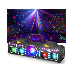 DJ Lights for Parties, Pro 8 in 1 DMX & Sound Activated Laser Light Show Machine with Disco Ball Light, RGBW & UV Strobe Party Lights Indoor for for Home, Karaoke, Birthday and DJ Lighting