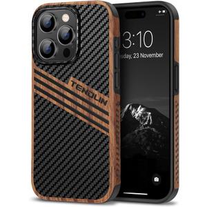 TENDLIN Compatible with iPhone 15 Pro Case Wood Grain with Carbon Fiber Texture Design Leather Hybrid Slim Case (Three Stripe)