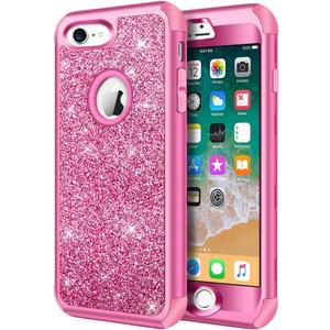 Hython Designed for iPhone 8, iPhone 7 Case, Heavy Duty Full-Body Defender Protective Case Bling Glitter Sparkle Hard Shell Hybrid Shockproof Rubber Bumper Cover, Rose Red