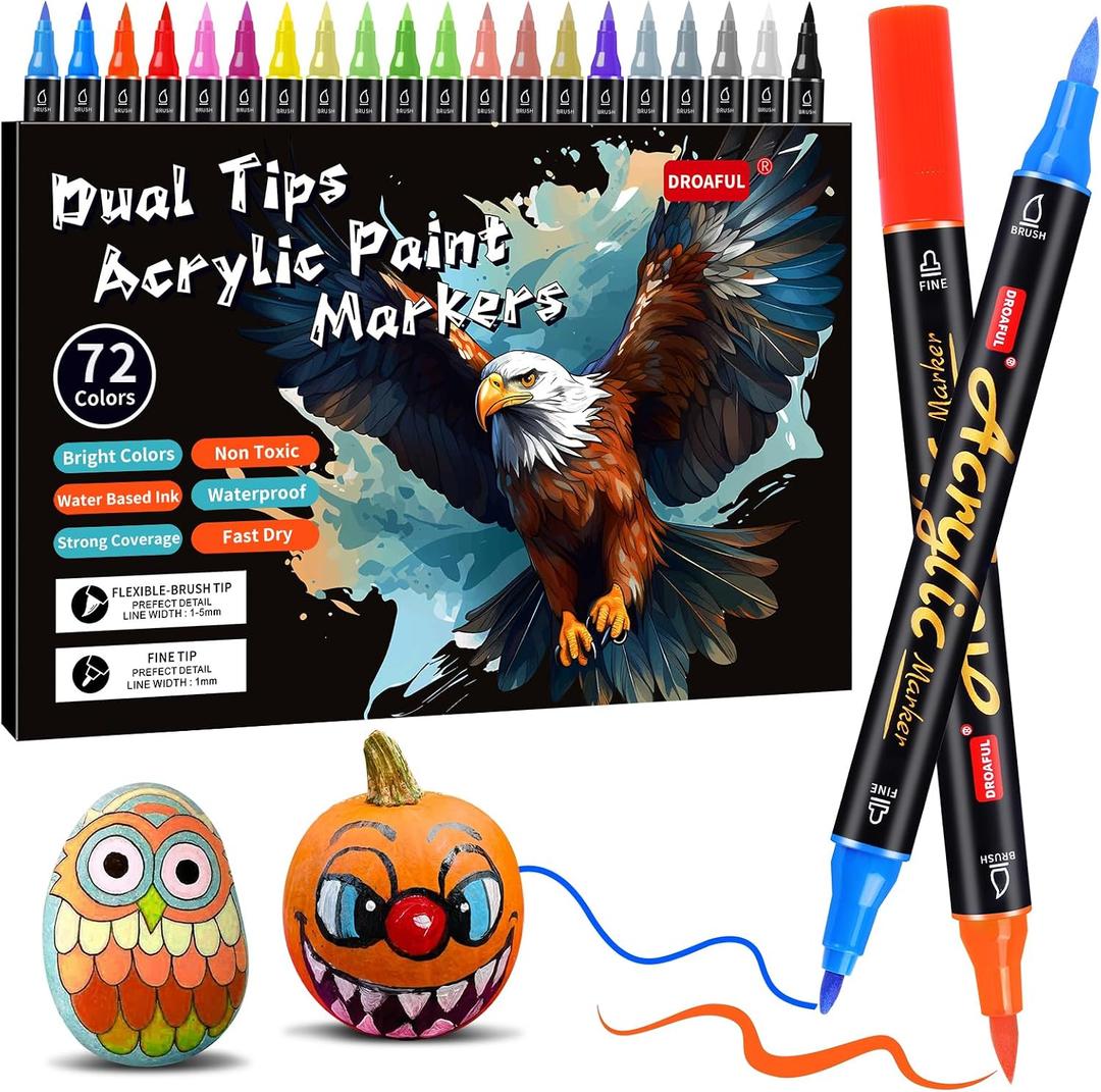 Droaful Acrylic Paint Pens Markers,72 Color Paint Markers Dual Fine & Brush Tips For Rock Painting,Fabric,Metal,Glass,Wood,Canvas,Ceramic,Plastic,Non-Toxic & Odor,Premium Art And DIY Craft Supplies