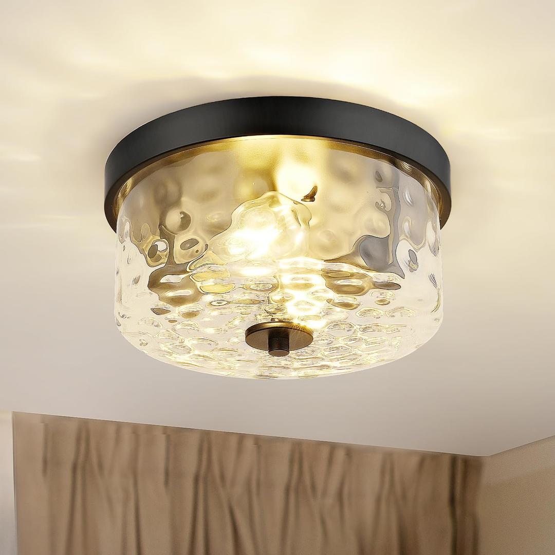 Emak 11 Inch Flush Mount Ceiling Light Fixture, Modern Black Light Fixtures Ceiling Mount with Hammered Glass Shade, 2-Light Drum Ceiling Lights for Bedroom, Bathroom, Hallway, Kitchen, FM082-BK-HG (Black & Hammered Glass)