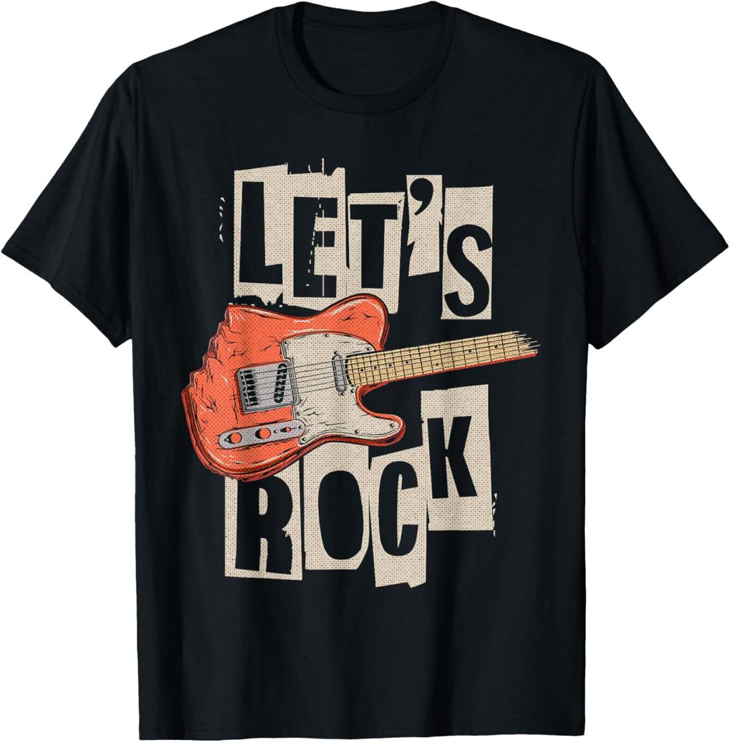 Let's Rock Electric Guitar Music Lover Band Guitarist Retro T-Shirt, Size Large