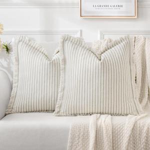 MIULEE Pack of 2 Sage Green Pillow Covers 18x18 Inch Striped Farmhouse Couch Spring Throw Pillow Covers with Fringe Chic Linen Decorative Cushion Covers for Sofa Living Room Bed Outdoor Home Decor