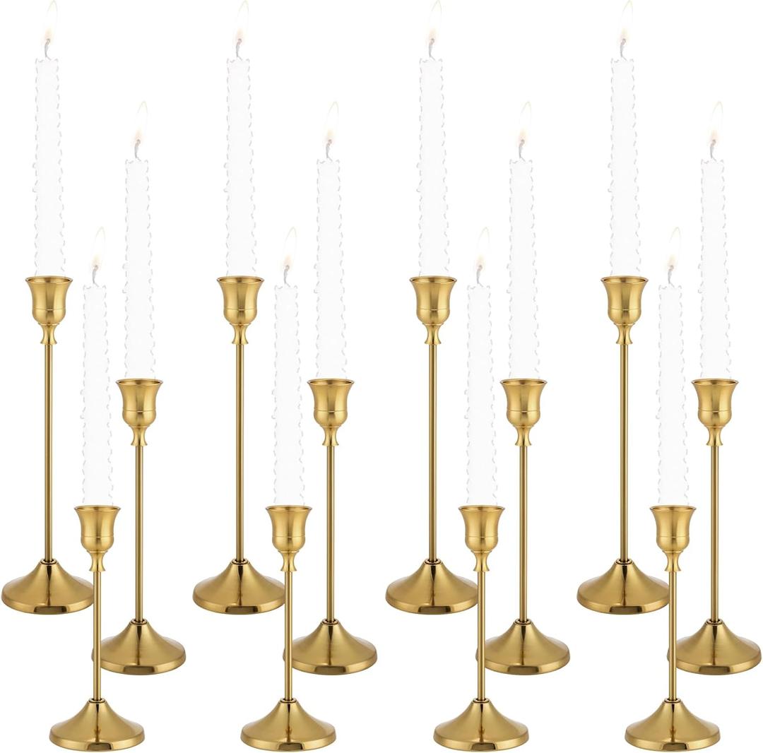 Candlestick Holders 4 Sets(12 Pcs), Brass Gold Candle Holders with Anti-Slip Pad, Metal Taper Candle Holder, Candle Holder for Wedding Fireplace Mantel Housewarming Gift