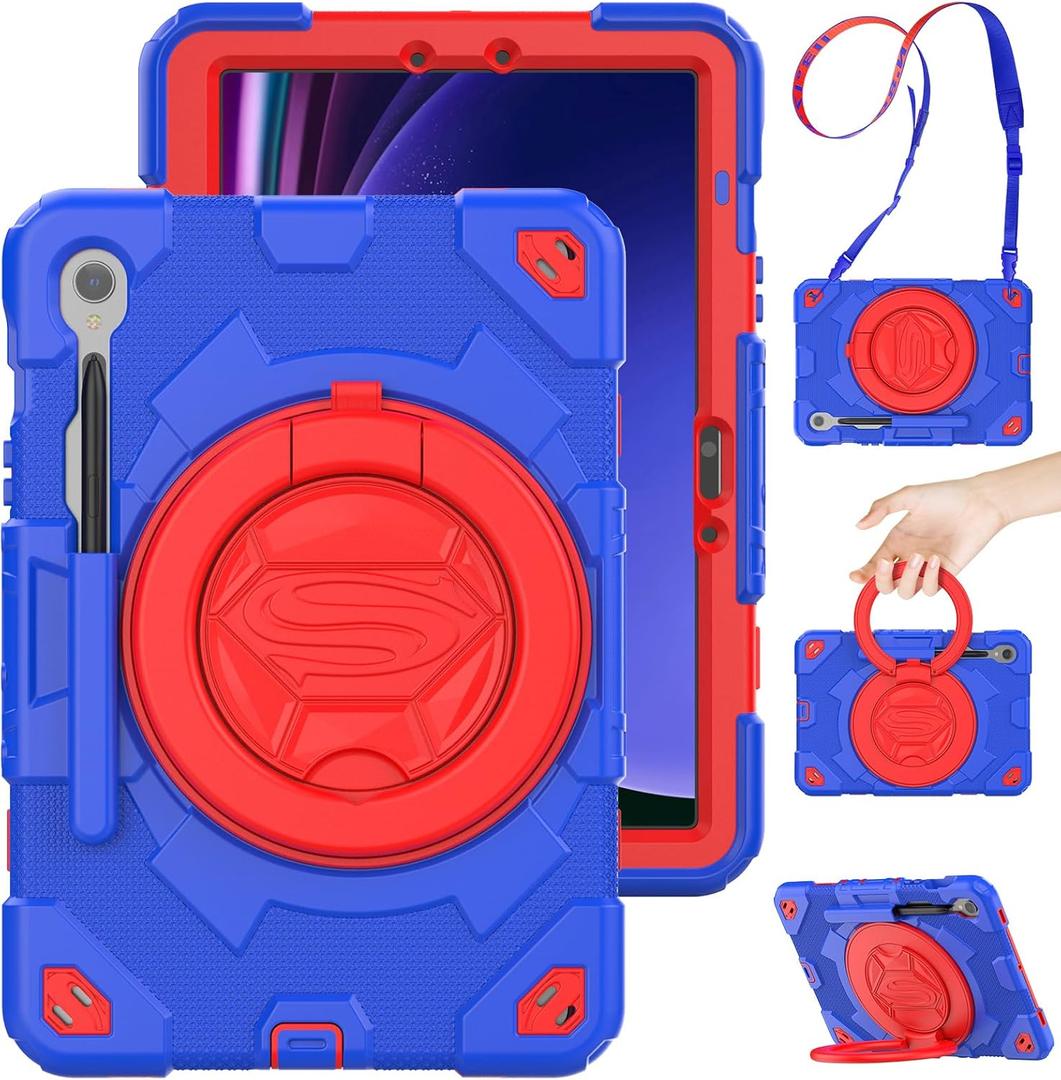 Timecity Case for Samsung Galaxy Tab S10 FE/ S9 FE/ S9 with Screen Protector, S Pen Holder, [360 Rotating Hand Grip] &Stand, Heavy Duty Case for Galaxy Tab S10 FE/ S9 FE 10.9''/ S9 11'', Red+Blue