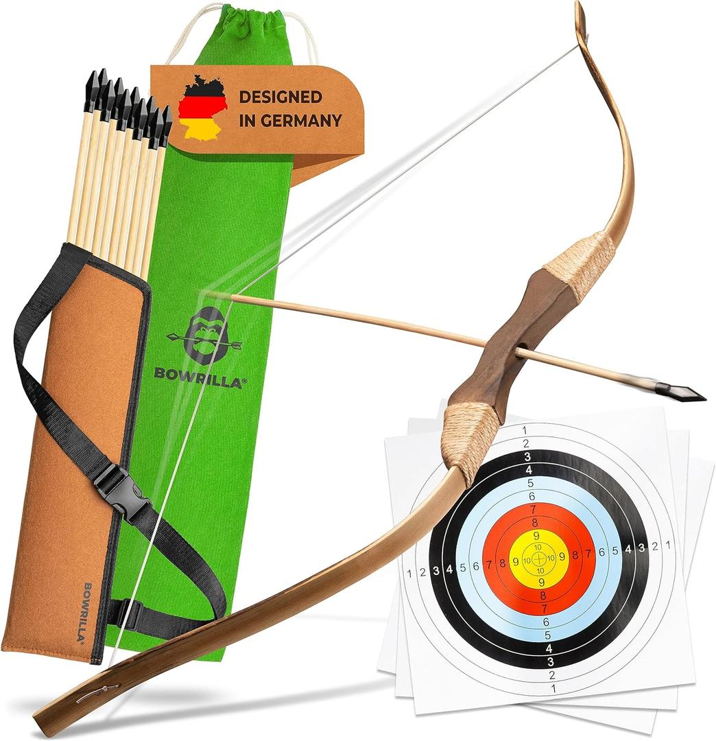 BOWRILLA Wooden Bow and Arrow for Kids with 10 Arrows, Quiver, 3 Targets & Storage Bag | Kids Bow and Arrow Set for Right- and Left-Handers | Indoor and Outdoor Toys for Children Boys & Girls