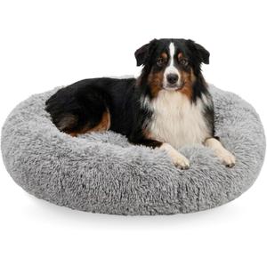Active Pets Calming Plush Dog Bed Donut Joint Support Anxiety Relief Washable Pet Bed with Removable Cover for Dogs Cats, Large 36", Light Grey