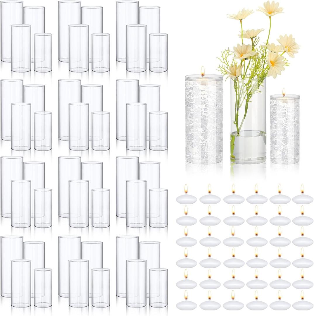 Mifoci 48 Pcs Floating Candles 24 Pcs Floating Candle Vases 24 Pcs Artificial Pearl String Filler Glass Cylinder Vases Clear Cylinder Candle Holder for Bridal Shower Wedding Table Decor(White)