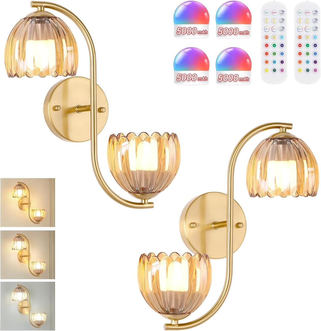 Battery Operated Wall Sconce, 2-Lights Vinatge Brass Wall Lighting Up and Down with Amber Tulip Shade for Living Room, Bedroom, Symmetrical (Pack of 2)