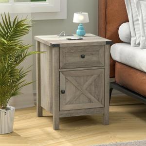 Rustic Nightstand with Charging Station, Night Stand with Barn Door and Drawer, Storage Bedroom Living Room Bedside Table Farmhouse End Table Industrial Bedside Table with USB Ports and Outlets Grey