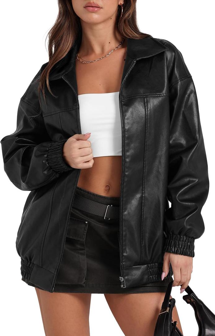 Sampeel Leather Jacket Women Faux Oversized Motorcycle Bomber Coats 2025 Fall Fashion Outfits Winter Clothes (Small)