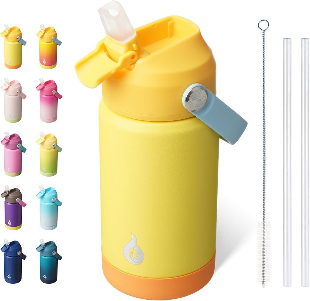 BJPKPK Insulated Water Bottle with Straw Lid, 12oz Thermo Water Bottles with Soft Nozzle, Flex Handle & Non-slip Boot, BPA Free Leak Proof Stainless Steel Metal Thermo, Tumblers, Cups,Yellow