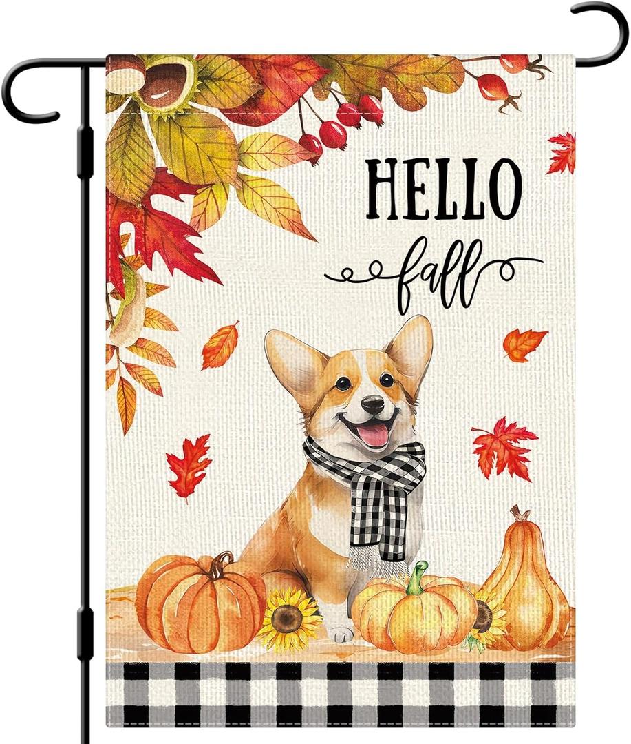 DLZDN Hello Fall Dog Garden Flag Autumn Corgi Pumpkins Maple Leaves Flag 1218 Inch Double Sided Buffalo Plaid Farmhouse Yard Flag Thanksgiving Holiday Outdoor Decor